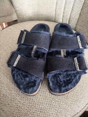 Birkenstock Navy Blue Fuzzy Arizona Sandals